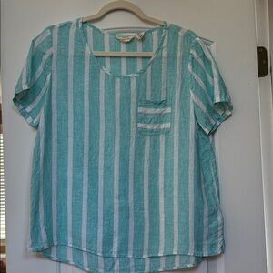 Christian Siriano Turquoise Striped Linen Top